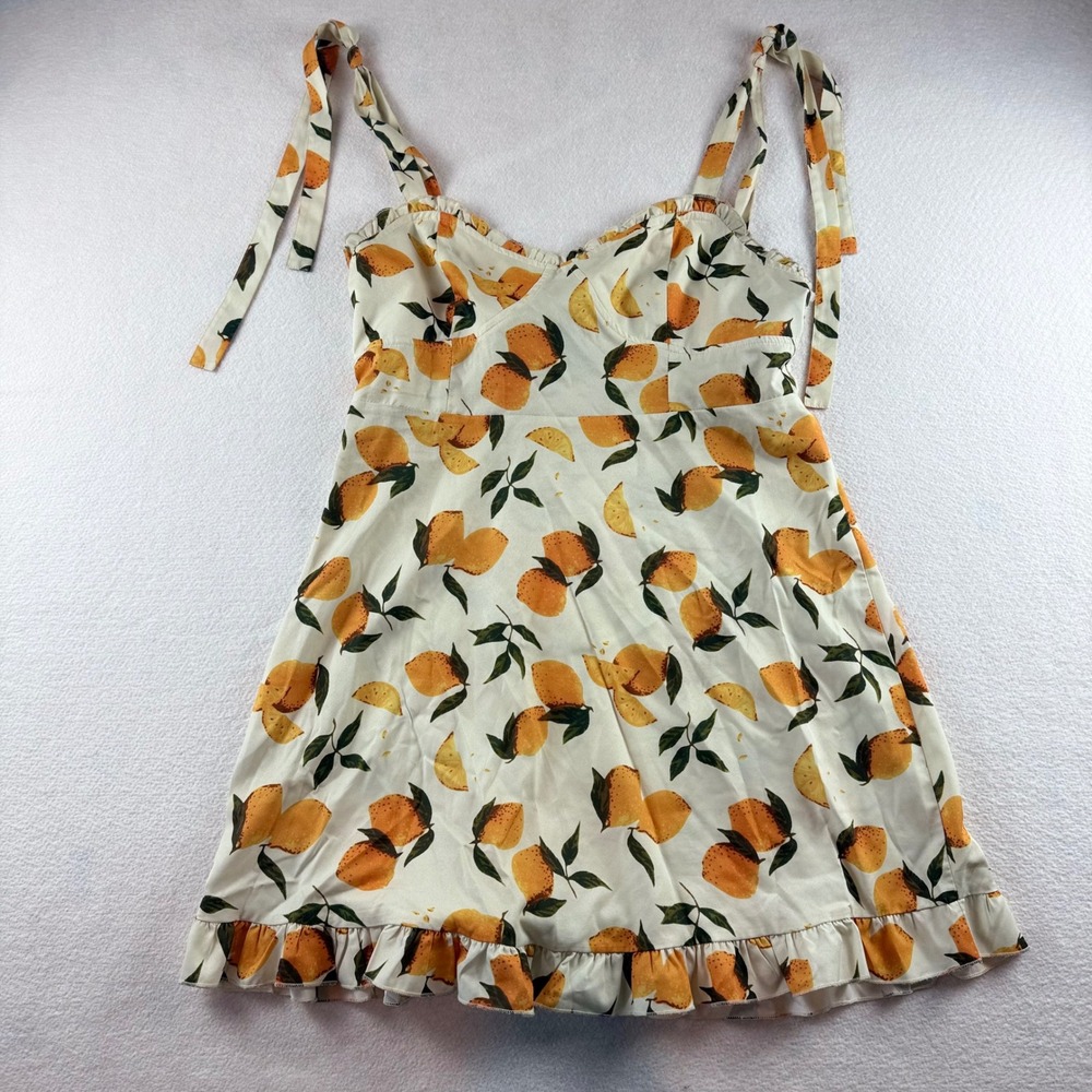 Cider Lemon Print Mini Dress White Yellow Ruffle Tie Strap Smocked Back XL